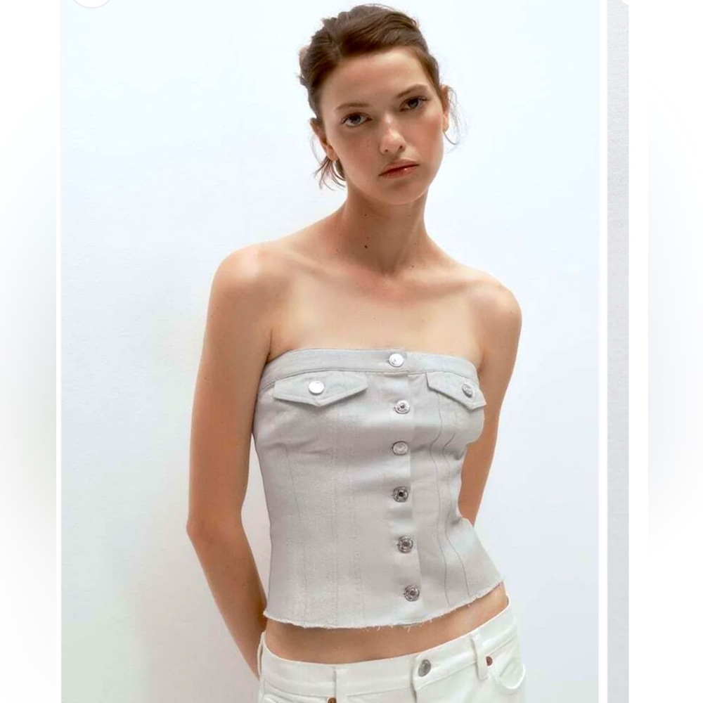 Zara silver denim cotton corset top